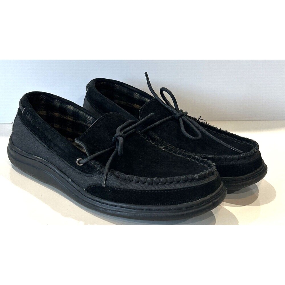 LB Evans Men's 11 Black Suede Canvas House Shoe Slippers Wool Lined Moc